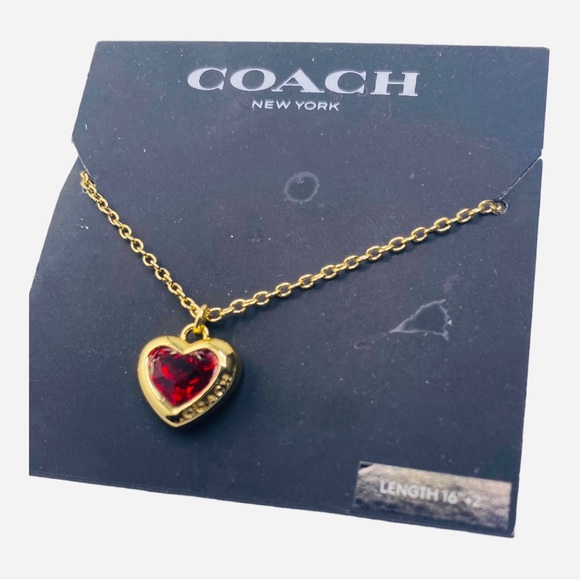 Coach Necklace Rare Red Heart Crystal w Logo 24k Gold Over Brass NWT $85 - Picture 1 of 2